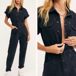 We The Free People Marci Utility Overalls Denim Jumpsuit Iron Black Women Large